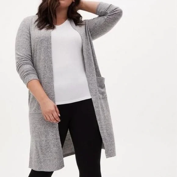 torrid Super Soft Plush Duster Open Front Heather Grey Front Pocket Plus 5X - Picture 2 of 13